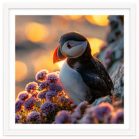 Puffin Bird Amidst Purple Flowers Golden Hour