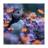 Puffin Bird Among Vibrant Purple And Orange Flowers (Print Only) thumbnail
