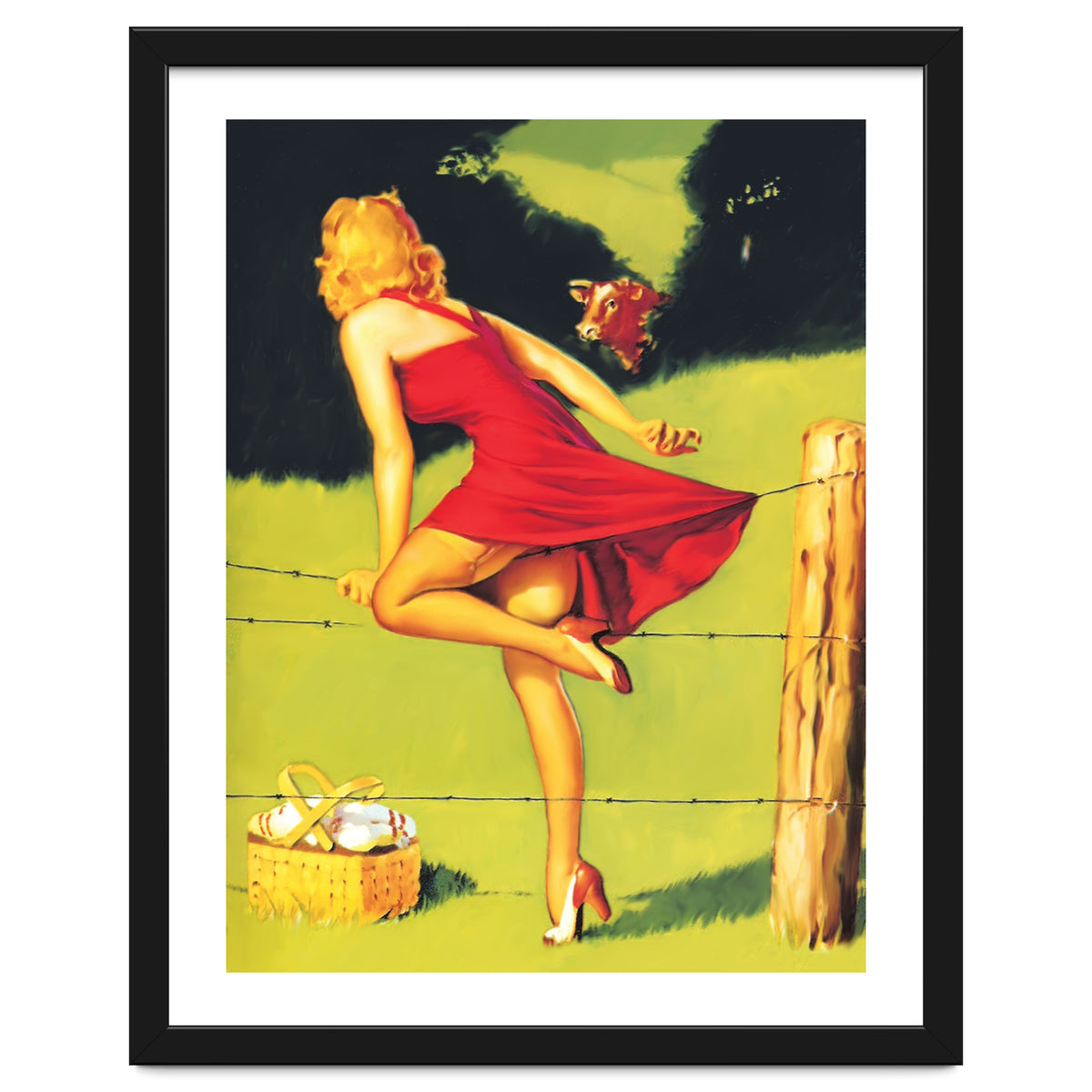 Pinup Girl In Red Dress Crossing The Barbed Wire While Looking At The Bull