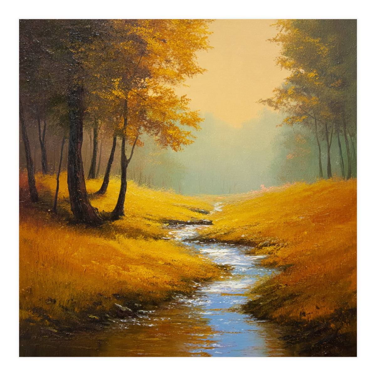 Golden Autumn Forest Path with Winding Creek (Print Only)