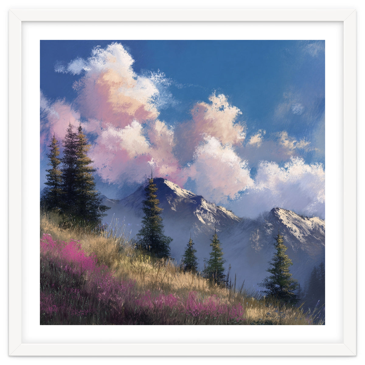 Alpine Summer Meadow with Vibrant Wildflowers and Snow