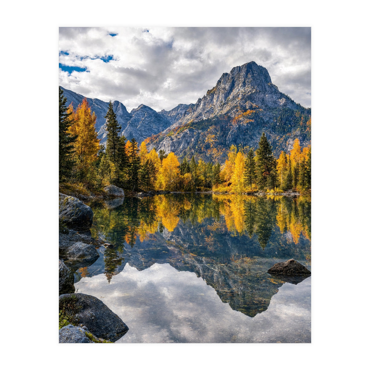 Golden Autumn Reflection: Majestic Mountain Wilderness Landscape (Print Only)