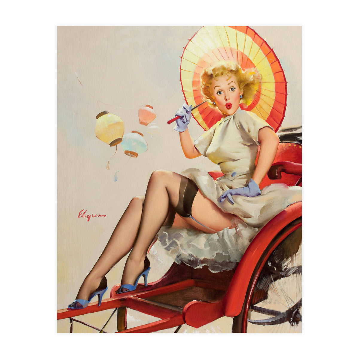 Pinup Girl In Rickshaw Experiencing Sudden Wind (Print Only)