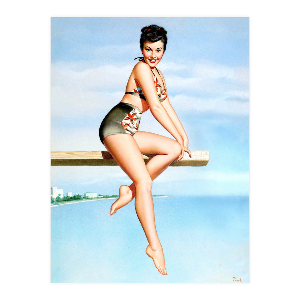 Smiling Sexy Pinup Girl Posing On A Board (Print Only)