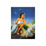 Beautiful Pinup Girl Feeding White Pigeons (Print Only) thumbnail