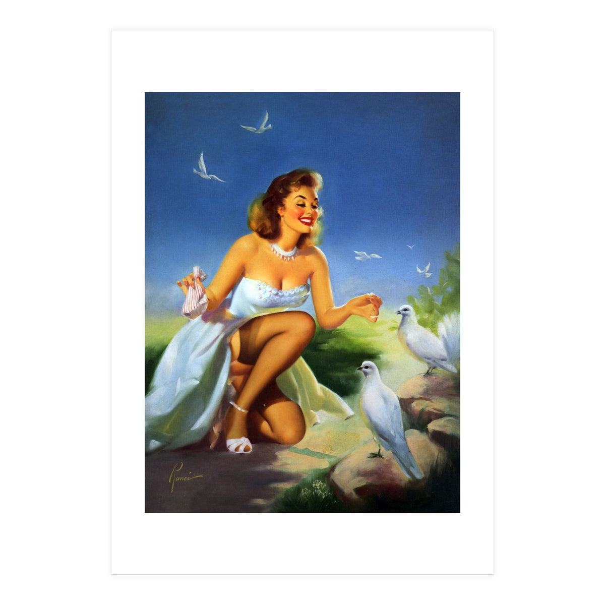 Beautiful Pinup Girl Feeding White Pigeons (Print Only)
