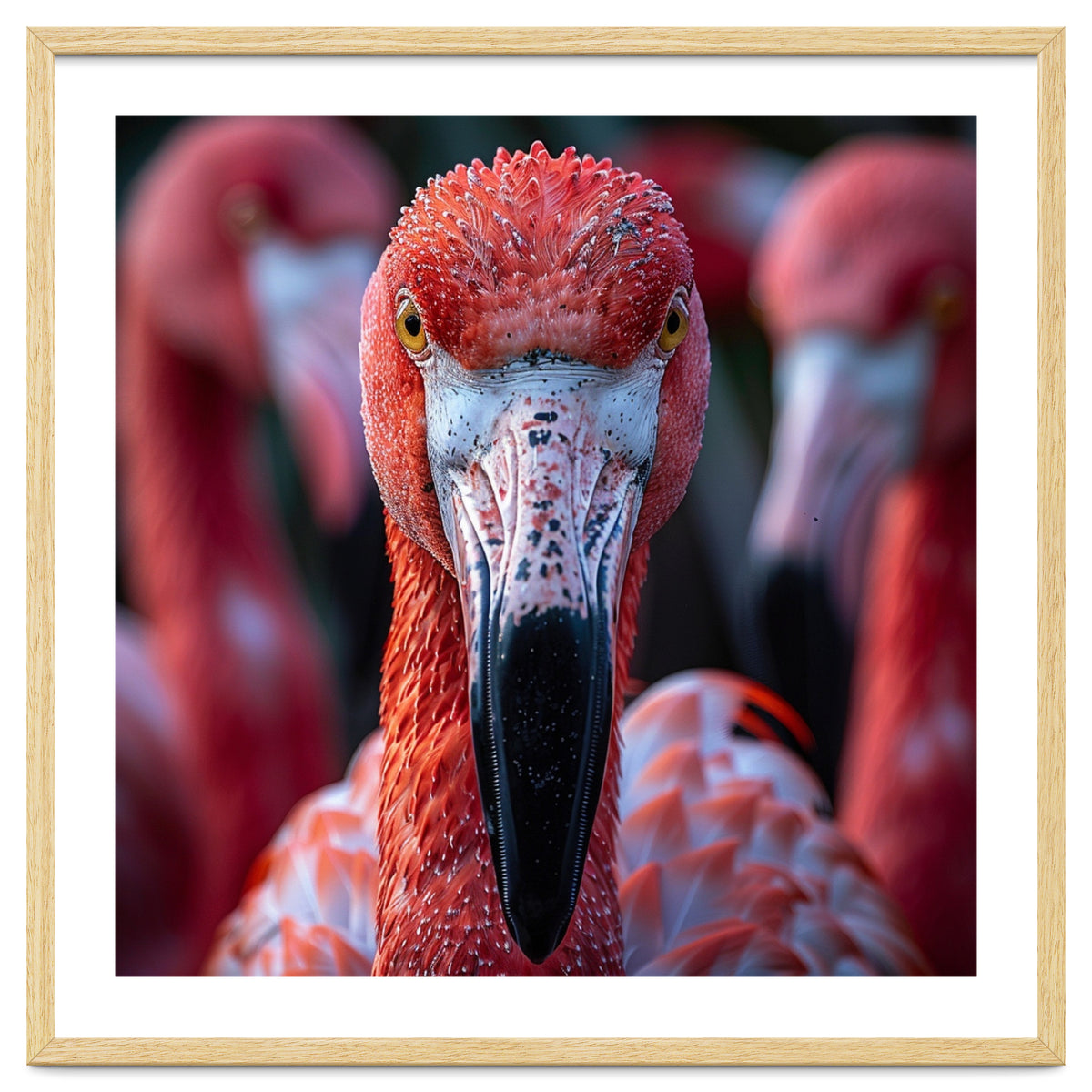 Close Up Of A Flamingo Bird Face, Pink Feathers