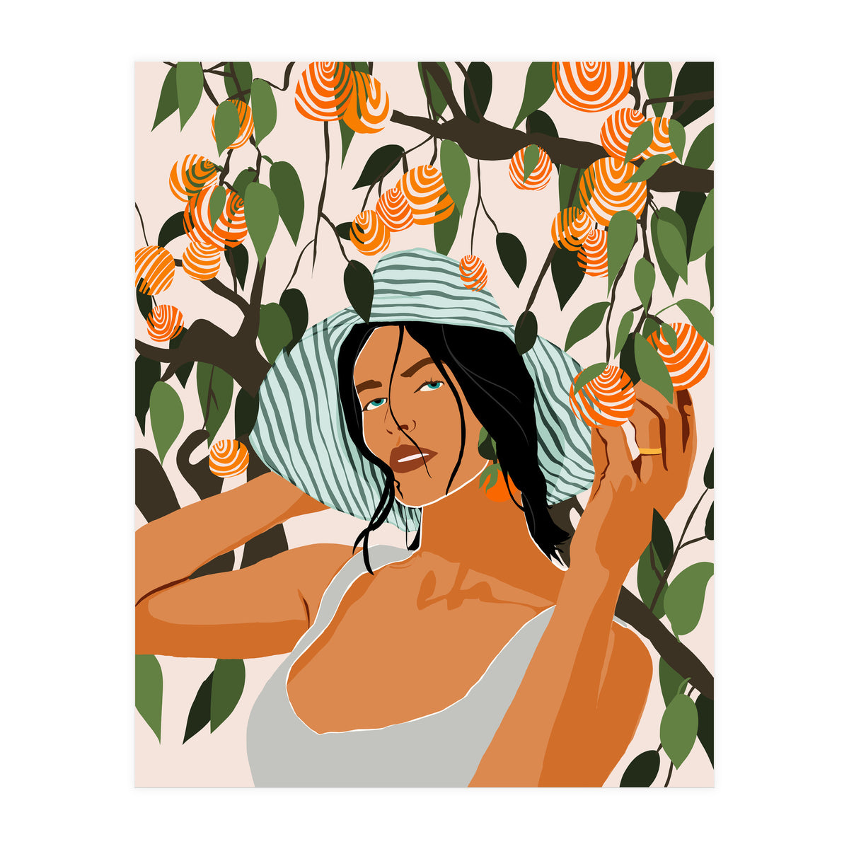 The Orange Grove, Bohemian Woman Summer Travel, Fashion Botanical Nature Garden, Plants Fruits Juicy (Print Only)
