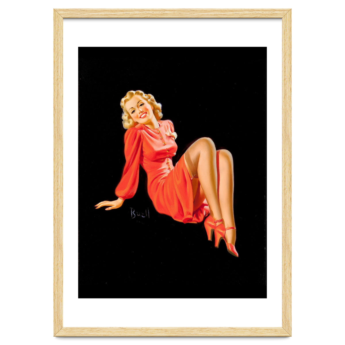 Smiling Pinup Woman Posing In Red Dress