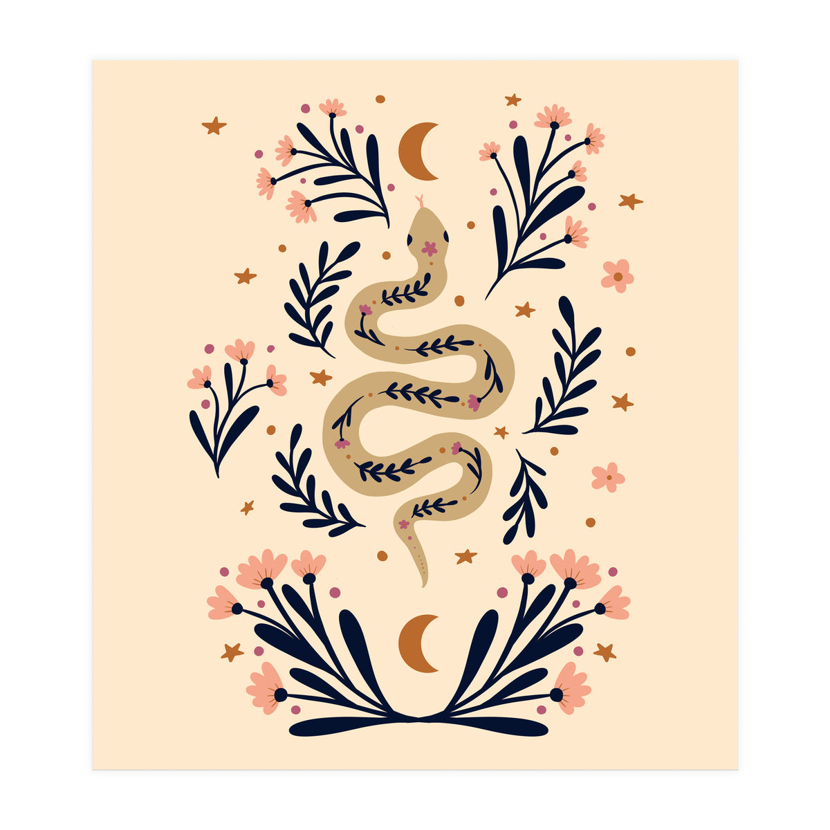 Snake And Flowers Beige And Indigo (Print Only)