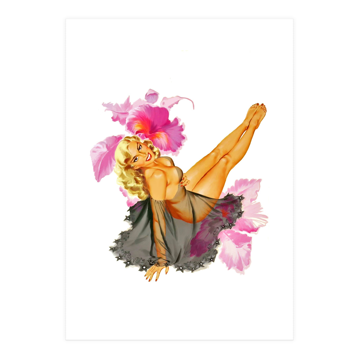 Pinup Sexy Woman Posing In Black Sleeping Dress (Print Only)