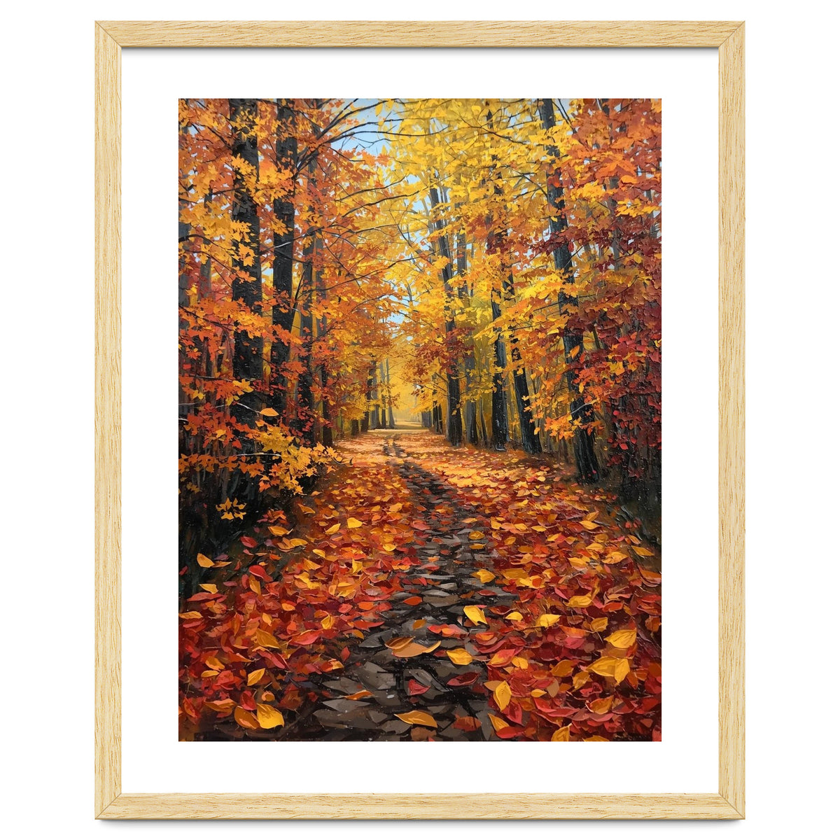 Sun-Drenched Golden Forest Path with Vibrant Autumn Foliage