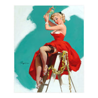 Sexy Pinup Girl In Red Dress Posing On a Ladder (Print Only)