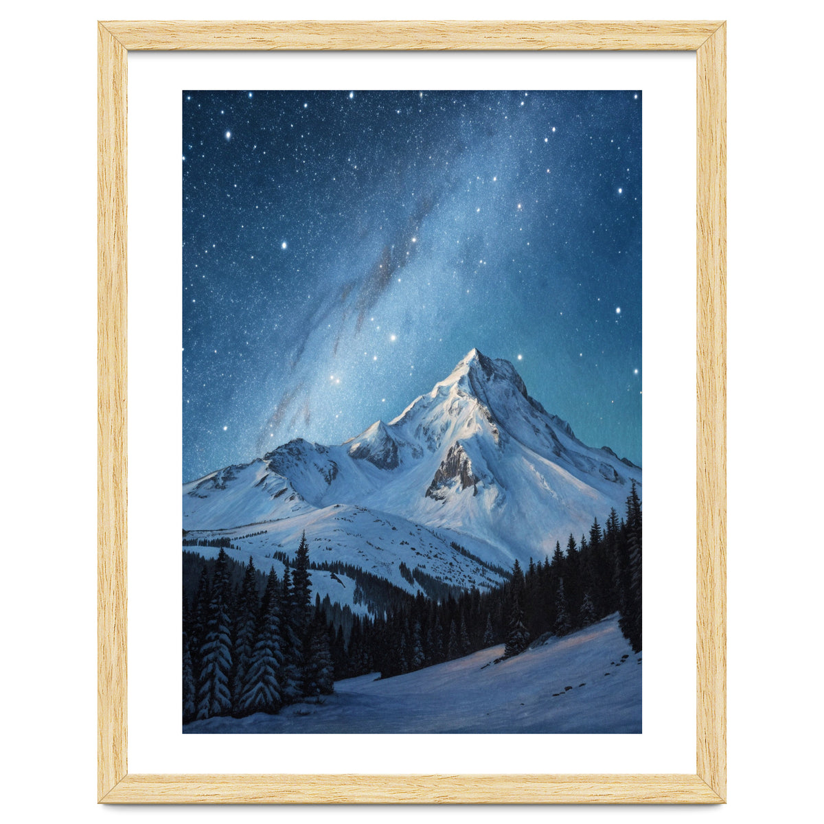 Majestic Snow-Capped Mountain Peak Under a Brilliant Starry Night Sky