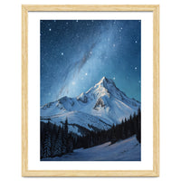 Majestic Snow-Capped Mountain Peak Under a Brilliant Starry Night Sky