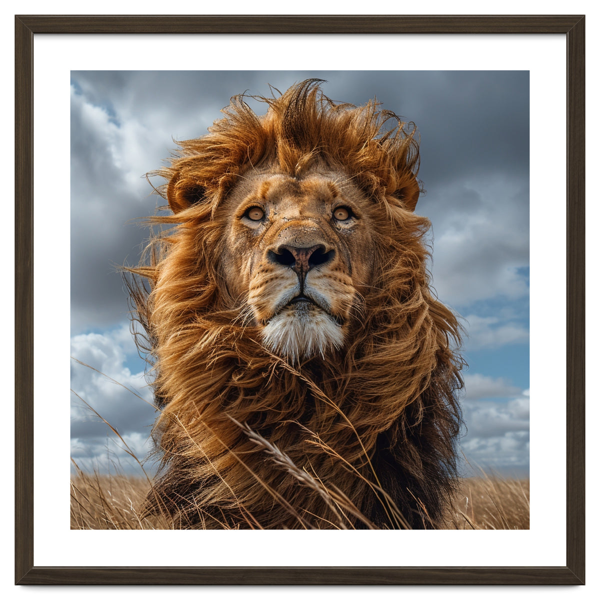 Majestic Lion Portrait Windblown Mane Outdoors