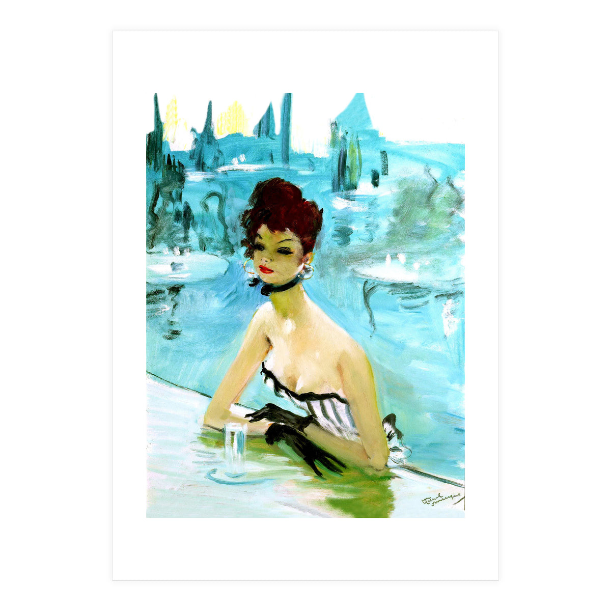 Pinup Girl In Cafe, Watercolor Painting (Print Only)