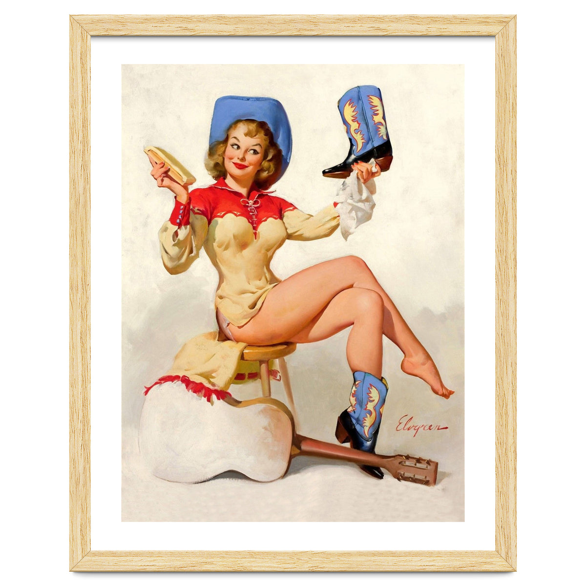 Pinup Sexy Cowgirl Cleaning Her Boots