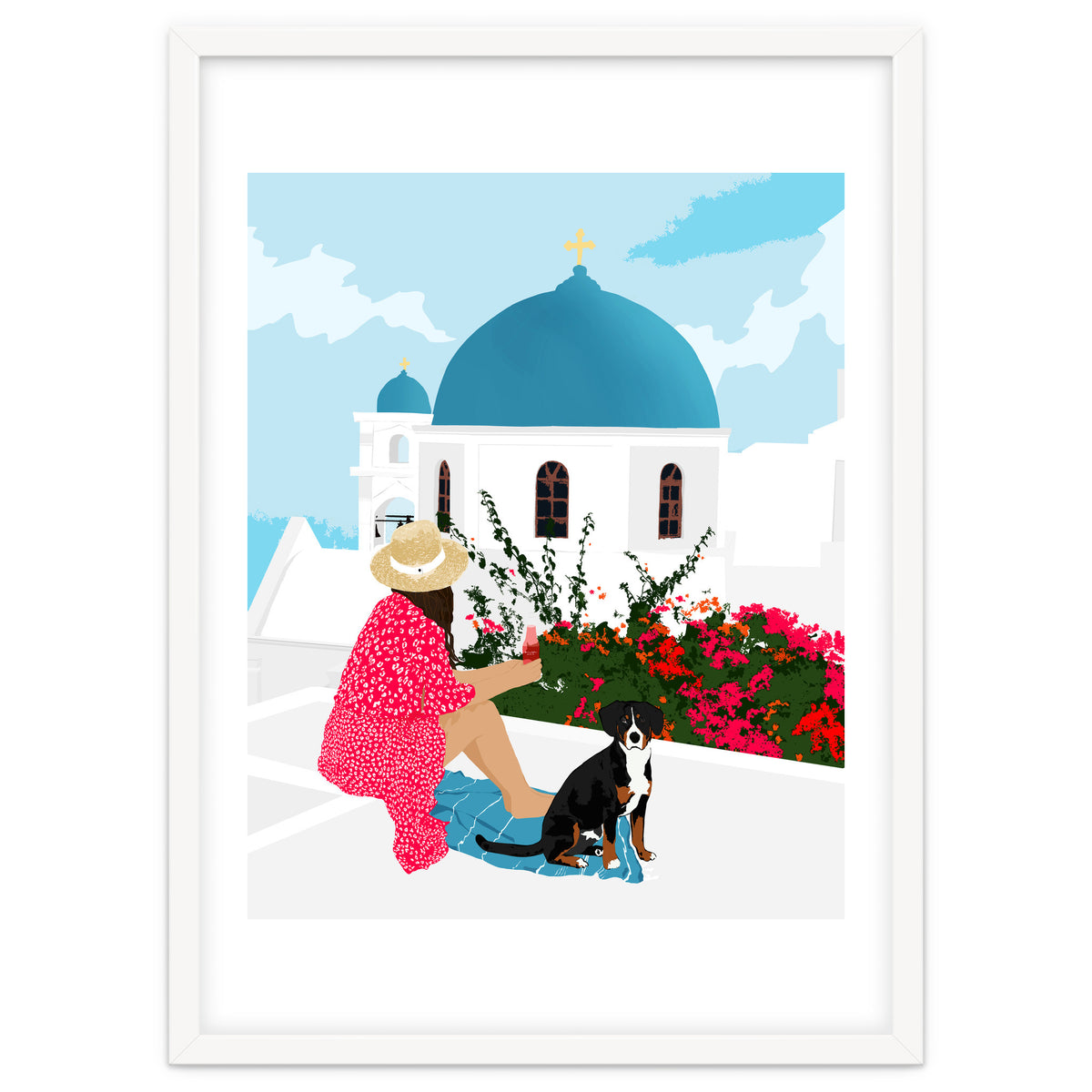 Greek Staycation, Pets Santorini Tropical Summer Travel, Dog White Buildings Architecture Fashion Bohemian