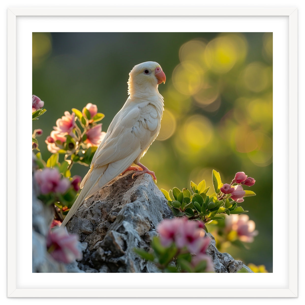 Albino Parrot Perched On A Rock Amongst Flowers