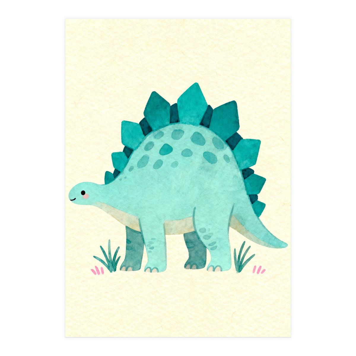 Teal Stegosaurus Watercolor Art, Cute Dinosaur Nursery Print, Whimsical Dino Illustration (Print Only)