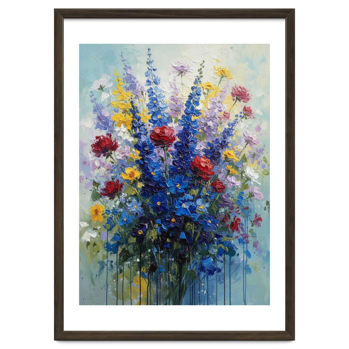 Vibrant Blue Delphinium and Red Rose Heavy Impasto Oil Painting