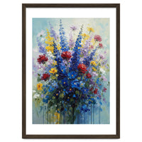 Vibrant Blue Delphinium and Red Rose Heavy Impasto Oil Painting