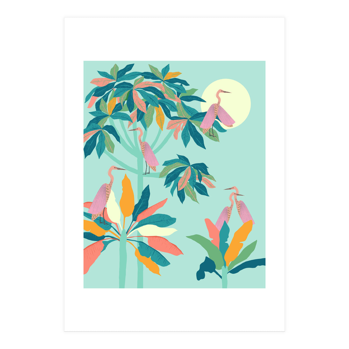 Drawn To The Moon, Stork Heron Flamingo Birds, Tropical Pastel Wildlife Forest Nature, Animals Jungle Bohemian Eclectic Fly (Print Only)