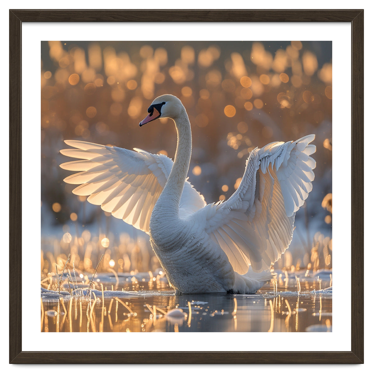 Swan Spreading Wings In Water Sunlight