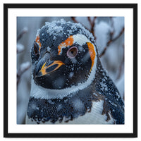 Penguin In Snow Falling Close Up Portrait