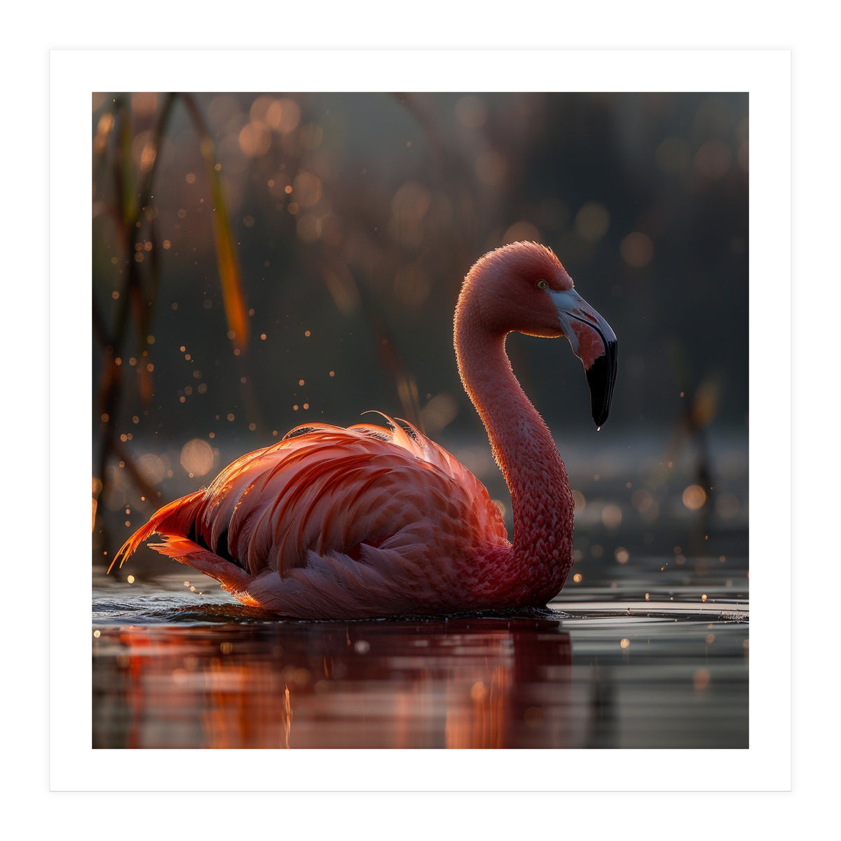 Pink Flamingo Swimming In Sunlight Water (Print Only)