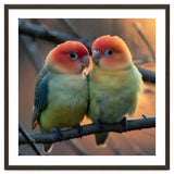 Two Lovebirds Perched On A Branch At Sunset thumbnail
