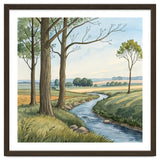 Pastoral Countryside Watercolor Painting with Winding Stream Meadows and Deciduous Trees Landscape thumbnail