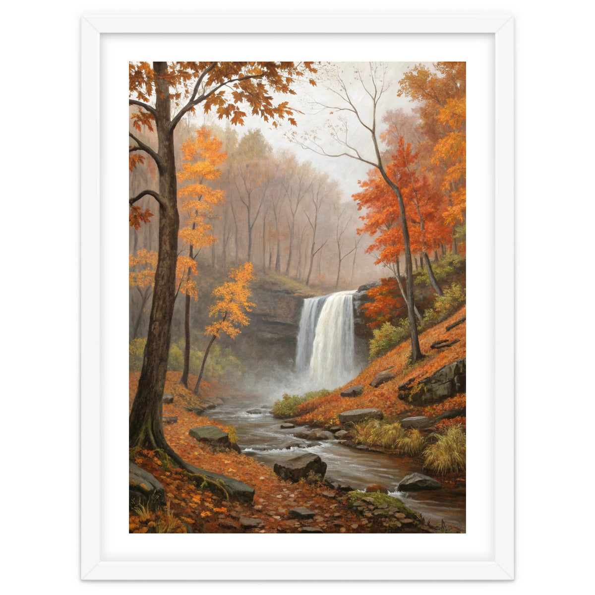 Serene Autumn Waterfall in Misty Forest