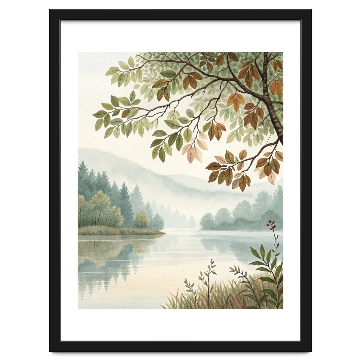 Tranquil Lakeside Forest Watercolor Painting with Overhanging Autumn Branches and Misty Mountain Reflection
