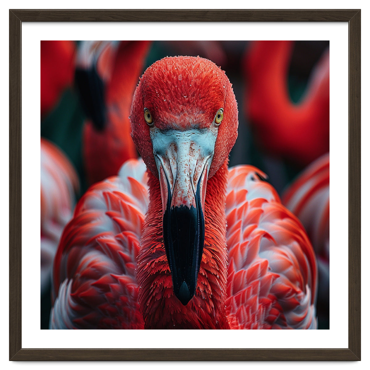 Close Up Flamingo Head With Bright Red Feathers