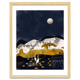 Midnight Lake, Stork Wildlife Animals Abstract Painting, Nature Landscape Travel Adventure Full Moon Night, Eclectic Gold Birds Magical Bohemian thumbnail