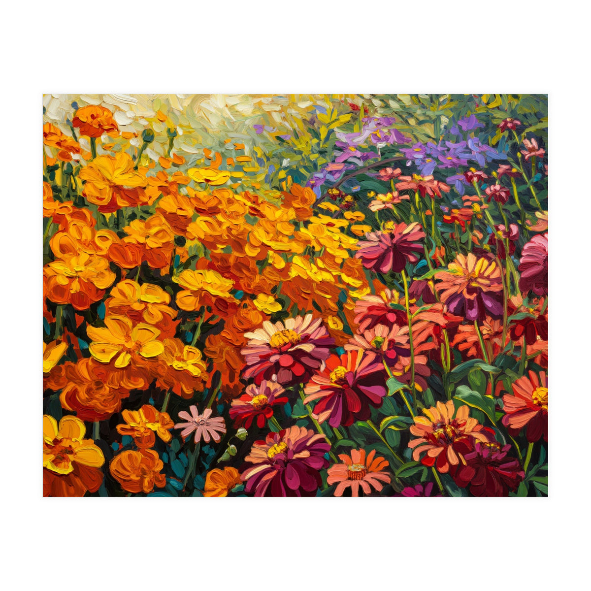 Radiant Summer Zinnia and Marigold Meadow Oil Painting (Print Only)