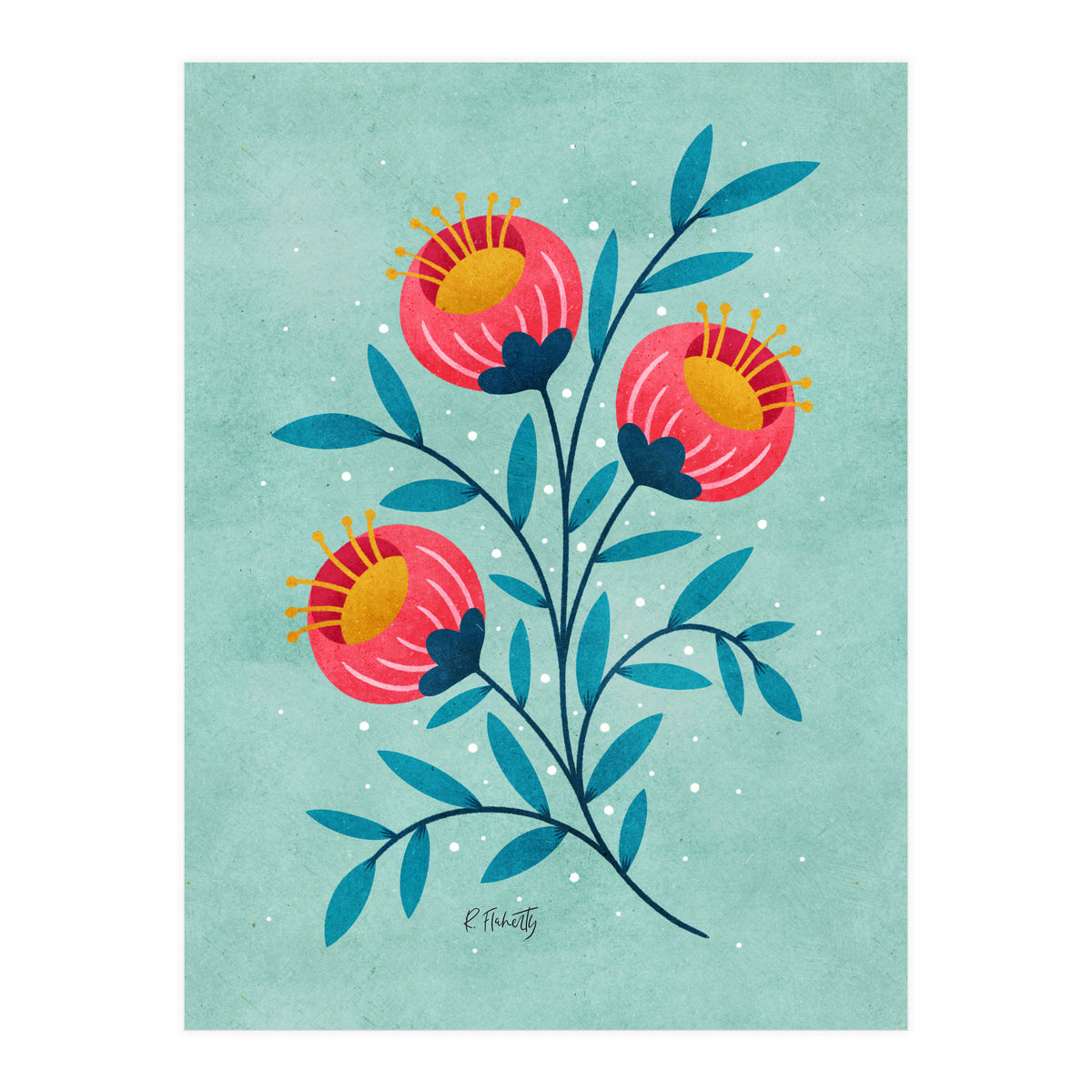 Teal And Coral Flowers (Print Only)