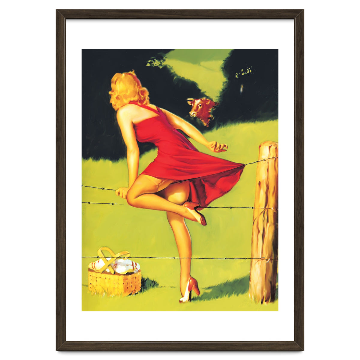 Pinup Girl In Red Dress Crossing The Barbed Wire While Looking At The Bull