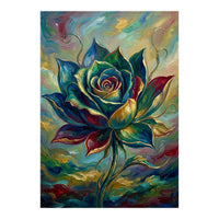 Enchanted Teal and Gold Rose Impasto Oil Painting (Print Only)