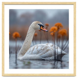 White Swan Swimming In A Lake With Reeds thumbnail