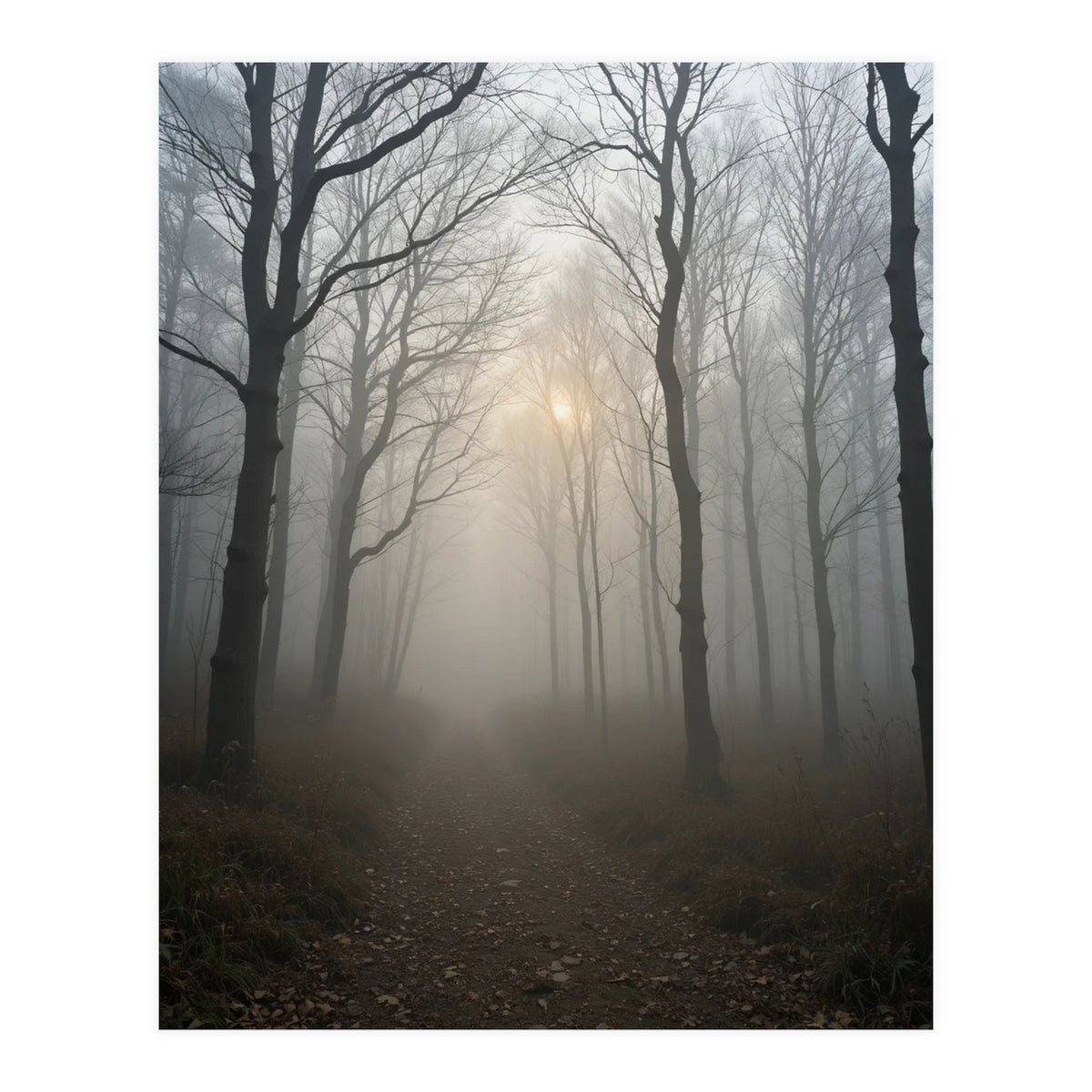 Ethereal Morning Light Breaking Through Dense Forest Fog (Print Only)