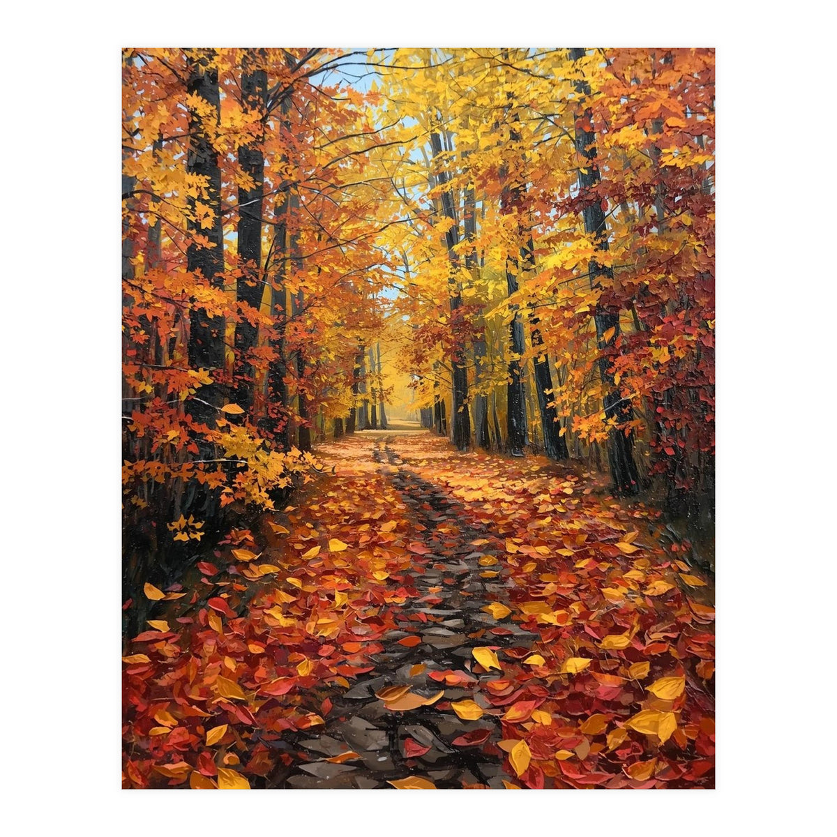 Sun-Drenched Golden Forest Path with Vibrant Autumn Foliage (Print Only)