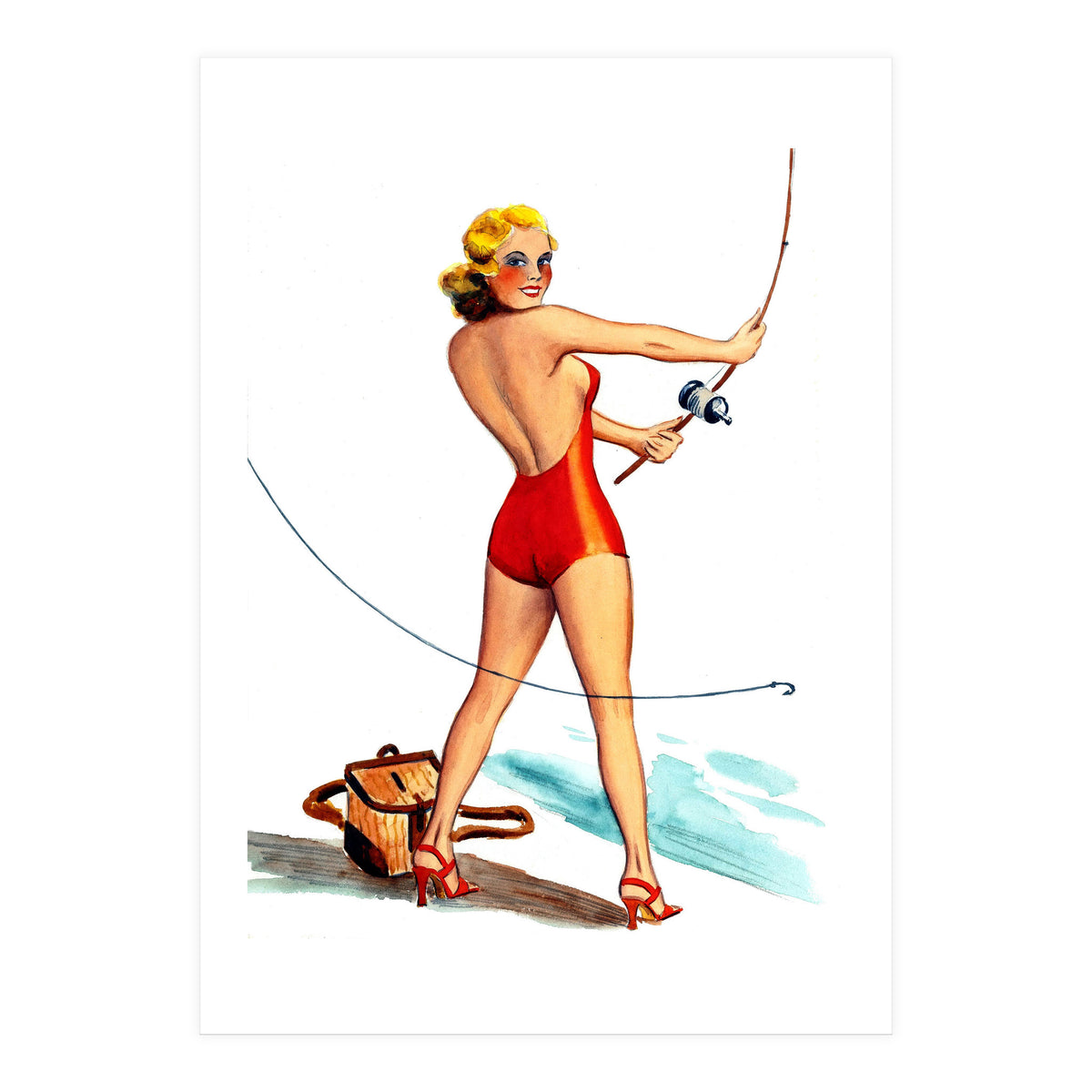 Pinup Girl Fishing On The Coast (Print Only)