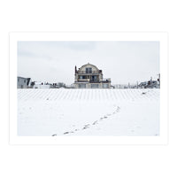 Footprints and house in winter snowscape (Print Only)