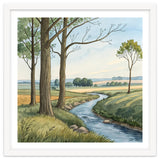 Pastoral Countryside Watercolor Painting with Winding Stream Meadows and Deciduous Trees Landscape thumbnail