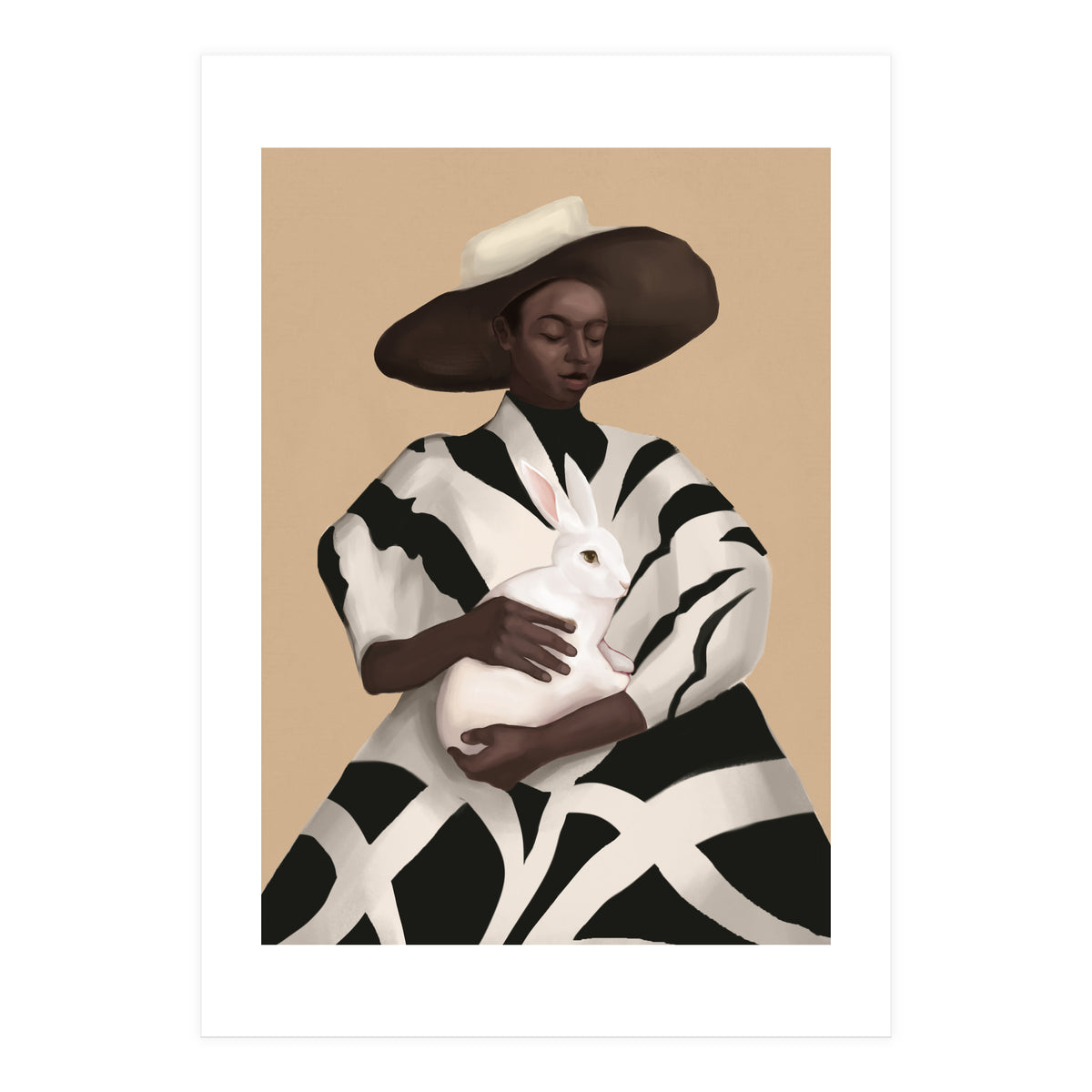 Woman In Stripes Holding A White Rabbit (Print Only)