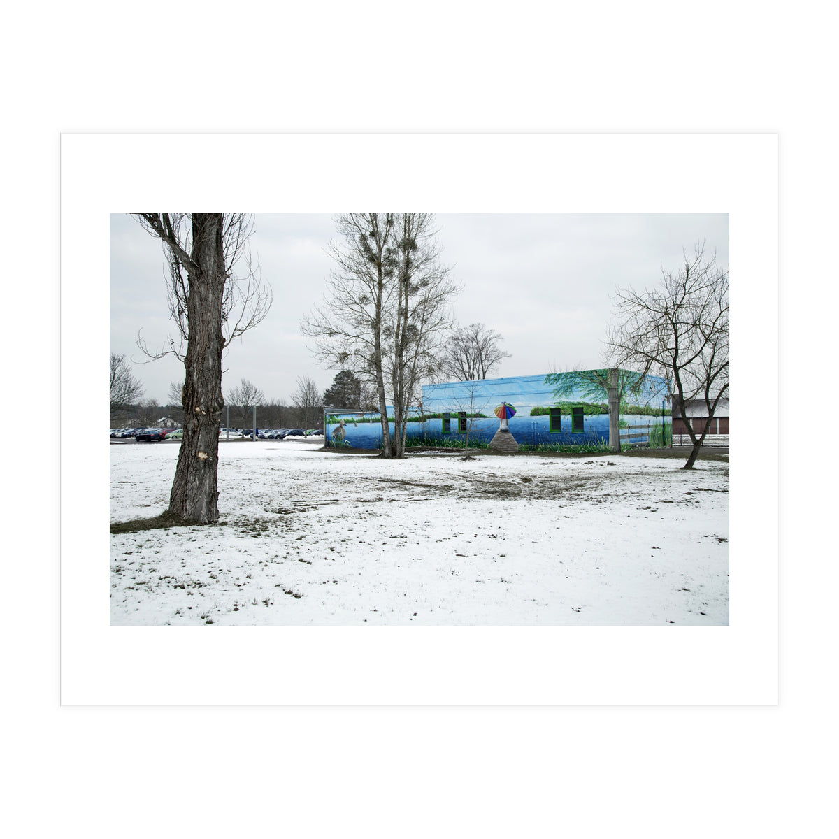 Colorful barn in the snowy ground landscape (Print Only)