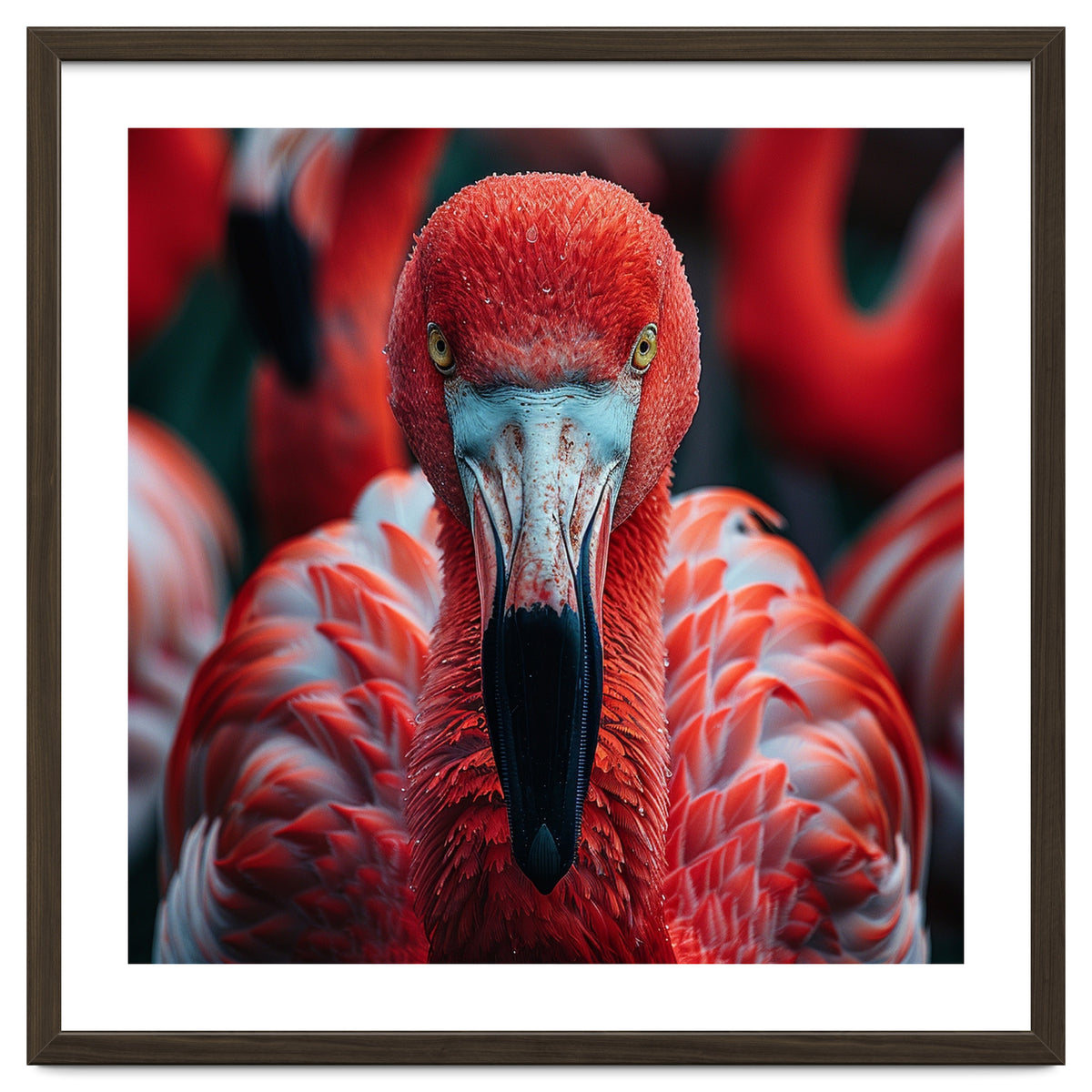 Close Up Flamingo Head With Bright Red Feathers